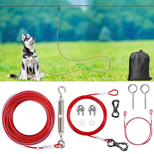 XiaZ Dog Tie Out Cable 50FT, Dog Aerial Run Lead for Large Dogs up to 120lbs, Heavy Duty Dog Runner for Yard, Camping, Outdoor, with 15 Ft Dog Running Lead, Cable Sling to Protect Trees