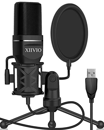 XIIVIO USB Microphone, Computer Microphone for PC Gaming Condenser Mic with Tripod Stand and Pop Filter for Recording Voice Over, Streaming Twitch,Podcasting,Compatible with Desktop Laptop Computer