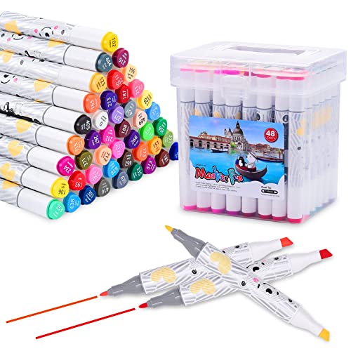 XJQWJ Alcohol Markers, 48 Colors Dual Brush Tip Art Markers Set for Kid Adult Coloring Drawing Illustration Card Making Age 3+ Kid Toys Christmas Birthday Gift