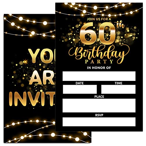 XUOUPIUE 60th Birthday Invitations For Man Woman, 60th Birthday Party Invitations, Black & Gold Adult Birthday Invitations, Middle-Aged And Elderly Birthday Invites - 20 Cards & 20 Envelopes (C04)