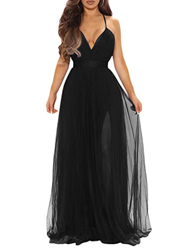 XXTAXN Women's Sexy Deep V Neck Split Cocktail Party Formal Bridesmaid Maxi Dress Black