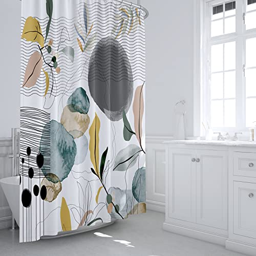 YAEHOCO Boho Fabric Shower Curtain Mid Century Shower Curtain Set Royal Blue Gray Black Yellow Leaves Plant Modern Minimalist Bathroom Decor Waterproof Shower Curtains with Hooks, 72" x 72