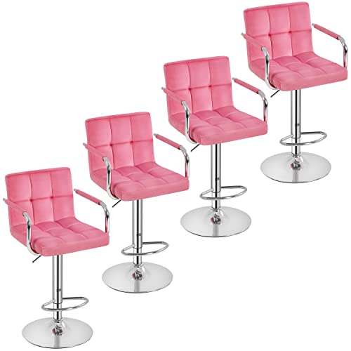 Yaheetech 4pcs Velvet Adjustable Bar Stools Kitchen Counter Barstools Bar/Counter Height Stool Chairs Hydraulic Swivel Dining Chair with Armrest, Velvet, Pink