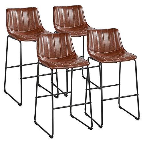 Yaheetech Bar Stools 30'' Height Fashionable Pub Stool Chairs PU Leather Chairs with Backrest Furnished Settle Industrial Armless Stools Home Kitchen Bar Metal Legs Set of 4, Brown