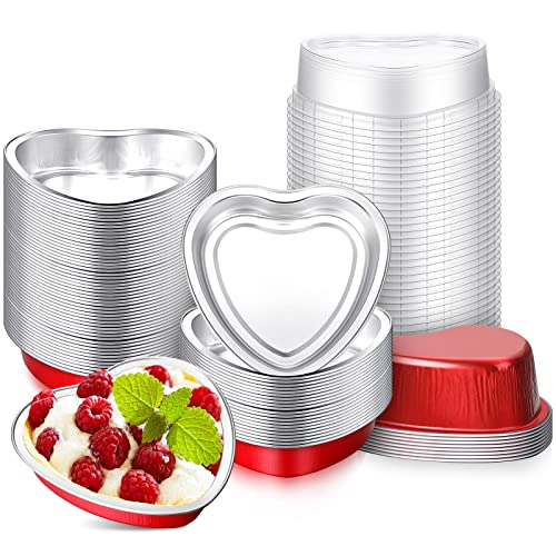 Yinkin 50 Set 9 oz Heart Shaped Cake Pans 5.4 Inch Heart Aluminum Foil Cupcake Pans with Lids Disposable Dessert Baking Cups Pans for Mother's Day Wedding Birthday Valentine Parties (Red)