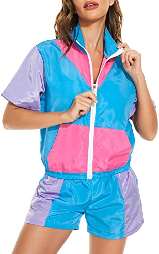 Yisfri Women's Vintage 80s 90s Style 2 Piece Outfit Short Sleeve Zip Front Windbreaker Tracksuit Themed Party Workout Set (as1, alpha, 1x, regular, regular, Blue, XXL)