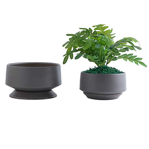 Yishang Ceramic Planter Pot with Drainage Hole and Saucer/Tray, Indoor Cylinder Round Planter Pot,Set of 2 Glazed Ceramic Modern Planters Indoor Bonsai Container for House Plants(Matte Grey, Medium)