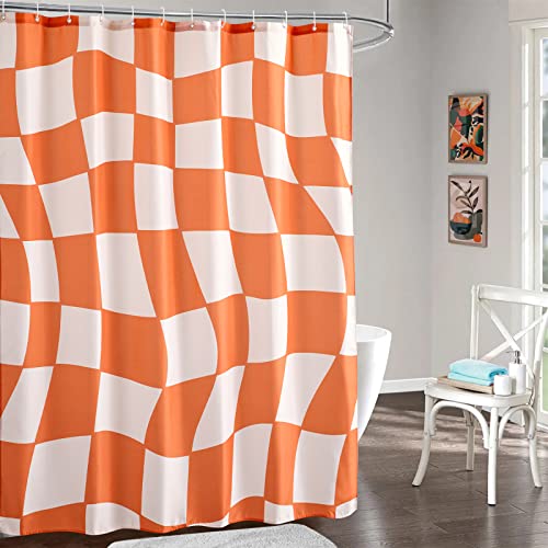 YoKii 70s Retro Checkerboard Shower Curtain in Orange, Modern Abstract Groovy Wavy Psychedelic Trippy Grid Checkered Bright Fabric Shower Curtain Set with Hooks Aesthetic Hippie Funky Bathroom Decor