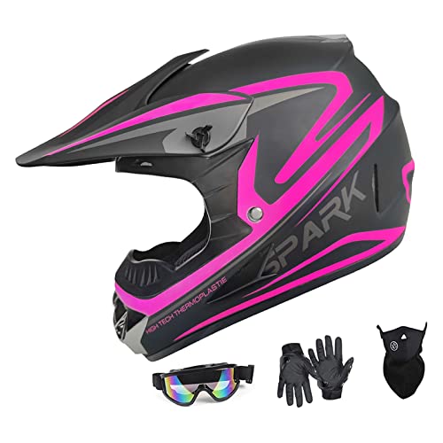 Youth Anti-Collision Dirt Bike Helmet Trend Skull ATV DOT Approved BMX Helmet SUV Mask Goggles Gloves,Dirt Bike Downhill Off-Road Mountain Bike Helmet 4-Piece Set (Pink, Small)