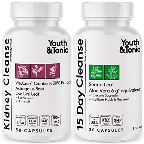 Youth & Tonic Whole Body Cleanse and Detox of Metabolic Waste and Excess Water Weight | Extra Strength Diuretic Cleanser for Colon & Kidney | 30 + 30 Pills