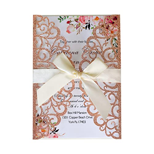 Yushenda 50Pcs Rose Gold Glitter Laser Cut Wedding Invitations Kit with Envelopes Blank Inner Sheets and Pre-tied Ribbons for Wedding Bridal Shower Quinceanera Engagement Birthday(4.9X7.1inch)