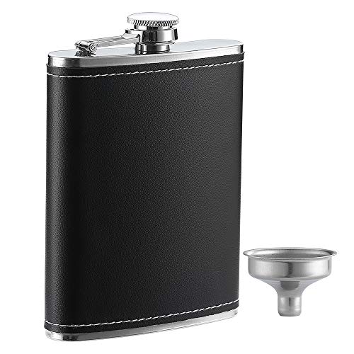 YWQ 1 Pack Flask for Liquor and Funnel, Premium 8 Oz Leak Proof 18/8 Stainless Steel Pocket Hip Flask with Black Leather Cover, Great Gift Idea Flask