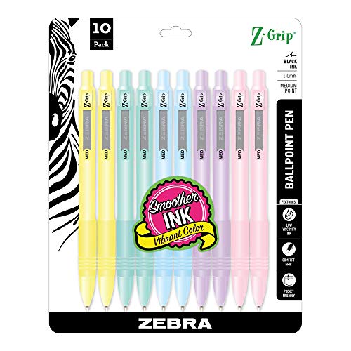 Zebra Pen Z-Grip Pastel Retractable Ballpoint Pen, Assorted Color Barrel, Medium Point, 1.0mm, Black Ink, 10-Pack (22101)