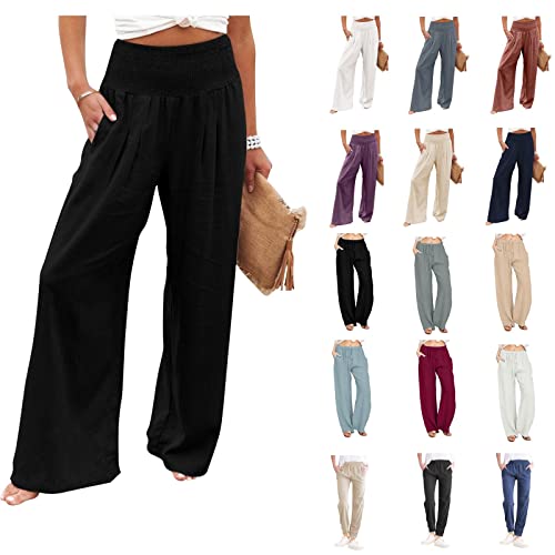 ZEFOTIM Linen Pants for Women High Waisted Plus Size Linen Palazzo Y2k Lounge Pants Summer Fashion Casual 2023 Wide Leg Loose Fit Pleated Trousers Spring Beach Petite Work Dressey Trendy Black XXL