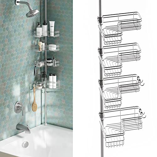 Zenna Home Rust-Resistant Corner Shower Caddy for Bathroom, 4 Adjustable Corner Hugging L-shaped Shelves, with Tension Pole, for Bath and Shower Storage, 60-97 Inch, Satin Nickel