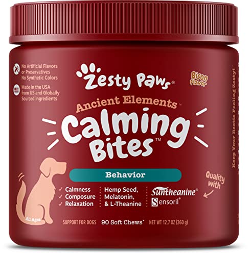 Zesty Paws Dog Calming Bites - Stress Relief Support Supplement Helps to Calm Anxiety Barking Separation and Travel Issues – Bison Flavor, 90 Soft Chews