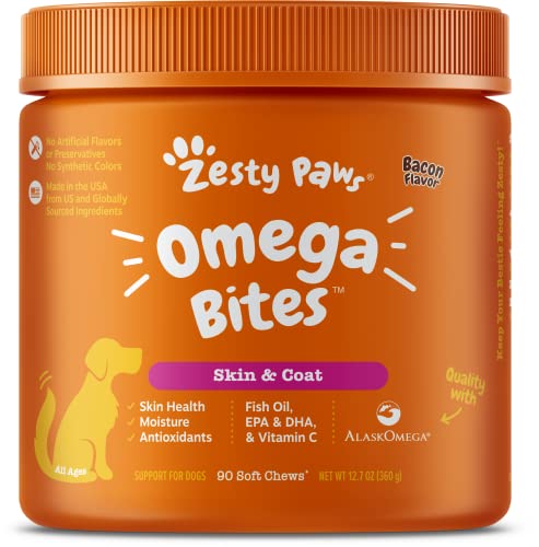 Zesty Paws Omega 3 Bites for Dogs - with AlaskOmega Fish Oil for EPA & DHA Fatty Acids - Hip & Joint Support + Heart & Brain Health - Bacon Flavor…