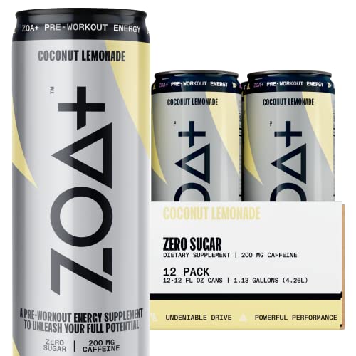 ZOA+ Pre-Workout Energy Drink, Coconut Lemonade 12 Fl Oz - Zero Sugar, Nitric Oxide Support, Vitamins, Amino Acids, Electrolytes, Natural Caffeine - Gluten Free & Keto Friendly (Pack of 12)