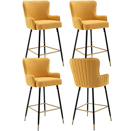 ZSARTS 30" Bar Stools Set of 4, Upholstered Kitchen Island Stools Modern Fabric Wingback High Dining Kitchen Chairs with Footrest for Home Bar Dining Room Pub (Yellow)