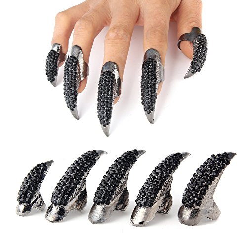 10 PCS Halloween Costume Claws Fake Nails Ring Set, Bestga® Gothic Punk 3 Sizes Crystal Full Finger Rings Paved Paw Bend Fingertip Fingernail Claw Girls Women Men Ring False Easy Long Nails Black