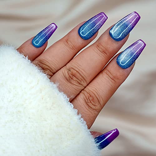 10 Pcs Handmade Press on Nails (Medium, Purple Navy Blue Ombre French Tips Baby Boomer With Cat Eye Sheen - Short Coffin) A049M