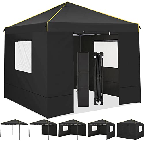 10x10 Pop Up Canopy Tent with 4 Removable Sidewalls, Waterproof Commercial Instant Gazebo Tent Outdoor Canopy Tents for Party/Exhibition/Picnic with Carry Bag,4 Stakes & Ropes (Black)