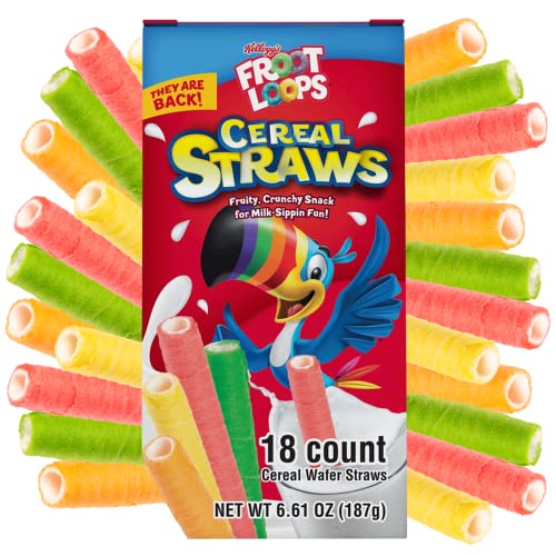 2023 Kellogg's Cereal Straws Froot Loops Edible Breakfast Straw Alternatives for Milk, 90's Childhood Nostalgic Treat, Cereals for Kids, 18 Count