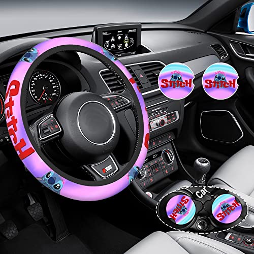 2PCS Cute Steering Wheel Cover Cartoon Blue car Accessories for Women Man Soft 17 inch with Car Cupholder Coaster Kawaii