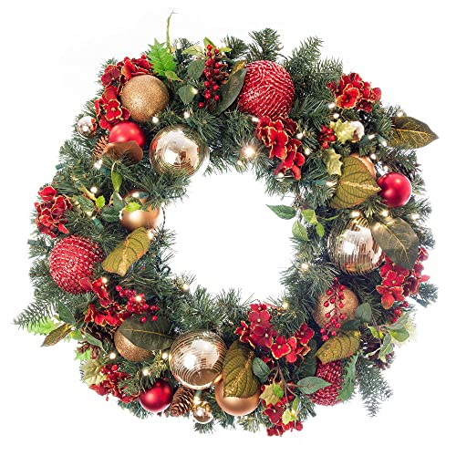 [30 Inch Artificial Christmas Wreath] - Scarlet Hydrangea Collection - Red and Gold Decoration - Pre Lit with 50 Warm Clear Colored LED Mini Lights - Includes Remote Controlled Battery Powered Timer