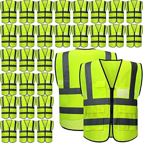 30 Pack High Visibility Safety Vests with Pockets and Zipper Mesh Reflective Construction Vest for Men Women, Breathable Neon Working Vest for Traffic Work Outdoor Running Cycling at Night