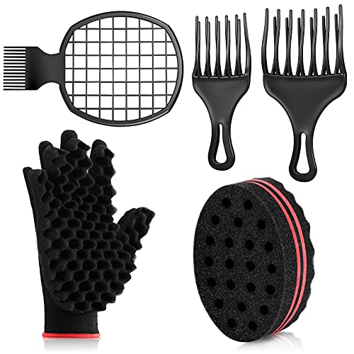 5 Pieces Afro Twist Hair Comb Set Includes Hair Twist Comb Hair Pick Afro Comb Hair Pick Comb Hair Curly Sponge Glove and Twist Wave Barber Tool Twist Wave Curl Brush for Natural Hair (Red Black)