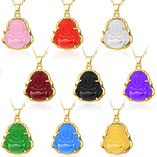 9 Pcs Laughing Smiling Buddha Pendant Buddha Necklace for Women Men Blue Yellow White Pink Green Jade Buhdda Jewelry Gold Lucky Amulet Chain for Mom Dad, 9 Colors (Exquisite Style)