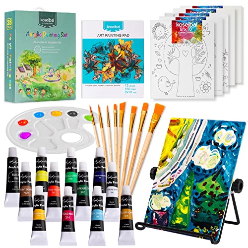 Acrylic Paint Set for Kids, Art Painting Supplies Kit with 12 Paints, 5 Canvas Panels, 8 Brushes, Table Easel, Etc, Premium Paint Set for Students, Artists and Beginner.