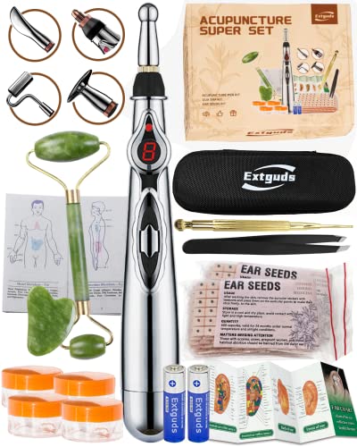 Acupuncture Super Set: 5-Head Electronic Acupuncture Pen + Gua Sha Tool + Ear Seeds + Retractable Acupuncture Pen + 4 x Extra Massaging Gel + Tweezers+Chart+Batteries (Acupuncture Set(with A new bag))