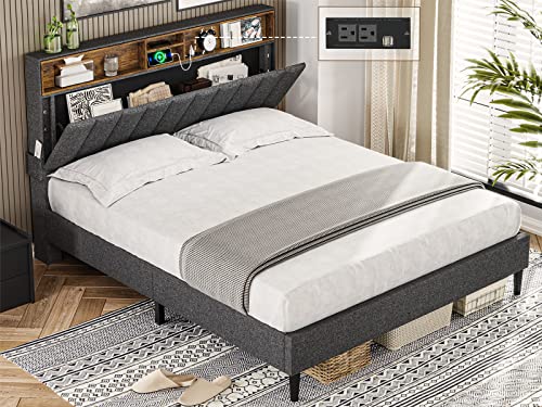 ADORNEVE Full Size Bed Frame with Outlet and USB Ports, Modern Upholstered Platform Bed with Storage Headboard & Height Adjustable, 12 Wood Slats Support, No Box Spring Needed, Dark Grey