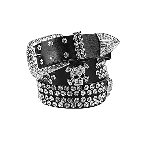 ADRJLYQ Bb Simon Belt Rhinestone Skull Belt Bling Western Cowboy Cowgirl Leather Studded Belt Buckles Sparkle Country Belts (Black)