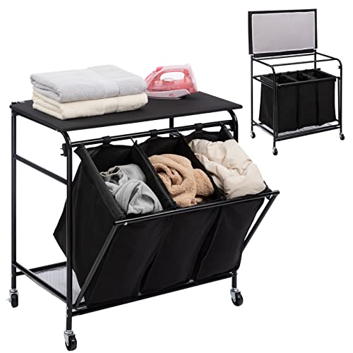 ALIMORDEN Laundry Sorter Cart Heavy Duty 3 Bags Classic Rolling Side pull Laundry Hamper Sorter with Ironing Board and 4 Wheels Black