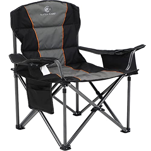 ALPHA CAMP Oversized Camping Folding Chair Heavy Duty Support 450 LBS Oversized Steel Frame Collapsible Padded Arm Chair with Cup Holder Quad Lumbar Back Chair Portable for Outdoor,Black