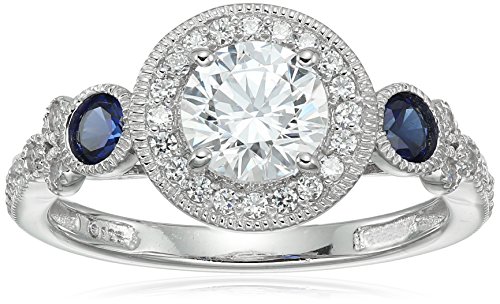 Amazon Collection Platinum-Plated Sterling Silver Infinite Elements Cubic Zirconia Antique Round-Cut and Created Sapphire Ring size 7