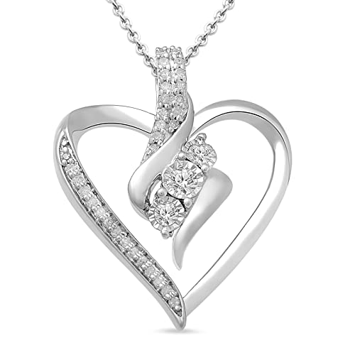 Amazon Collection womens Sterling Silver Diamond 3 Stone Heart Pendant Necklace (1/4 cttw), 18"