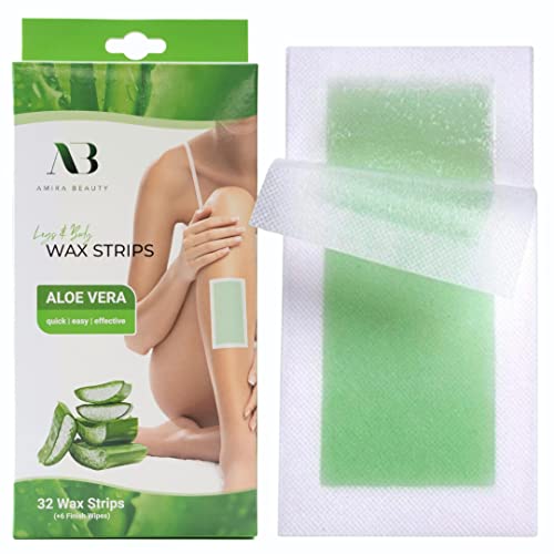 Amira Beauty Body Wax Strips Infused with Aloe Vera Pre Applied Ready to Use Hair Removal for Legs Arm Underarm Kit (32 Double, 64 Total)