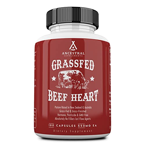 Ancestral Supplements Grass Fed Beef Heart Supplement, 3300mg, CoQ10 Supplement Supports Heart Health and Mitochondrial Health, Non-GMO, 180 Capsules