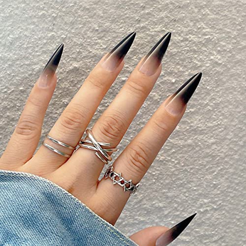 ANDGING Press on Nails Short Medium Stiletto, Fake Nails for Women with Nude Pink Black Ombre Tips Design, Full Cover Acrylic Nails Press on, Reusable Glue on Nails Stick on Nails for Christmas 24Pcs