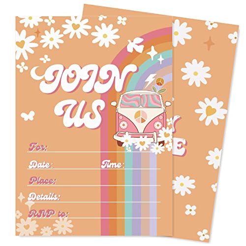 AnyDesign Groovy Party Invitations with Envelopes Stickers Retro Hippie Boho Daisy Invitation Paper Cards for Wedding Bridal Baby Shower Birthday Dinner Party Supplies, 20 Sets