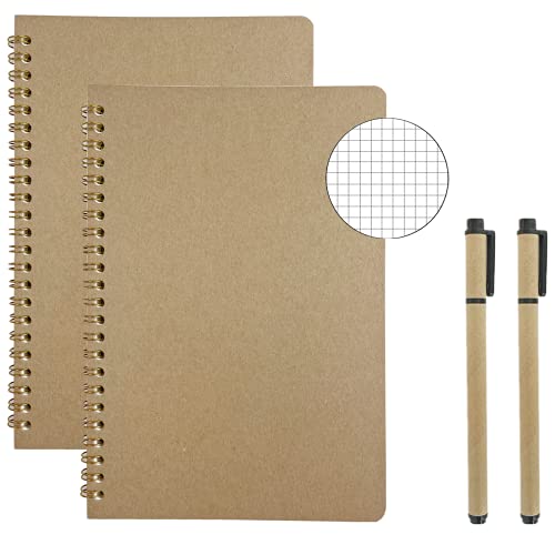 AOU Graph Paper Spiral Notebook, A5 Grid Journal with Thick Paper, 2-Pack, 8.3" x 5.7", 50 sheets/100 pages, Hard Cover Graph Ruled Notepads for School&Office, with 2 Pens (Brown)