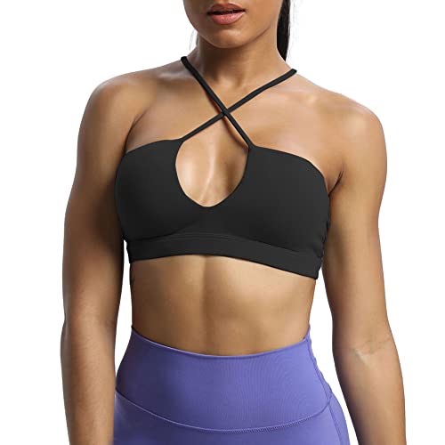 Aoxjox Women's Workout Sports Bras Jamie Deep V Fitness Backless Padded Taining Gym Bra Yoga Crop Tank Top (Black, Large)