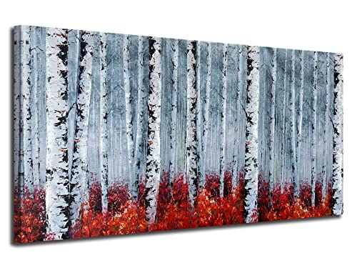 Arjun Birch Tree Wall Art White Landscape Painting Grey Canvas Branches, Forest Red Falls Leaf Nature Panoramic Picture Rustic Framed for Bathroom Living Room Bedroom Home Office Decor, Large 48"x24"