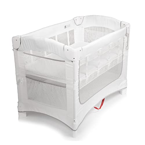 Arm’s Reach Ideal Ezee 3 in 1 Co-Sleeper Folding Bedside Bassinet and Play Yard Featuring Breathable Mesh Sides with Side Pockets for Storage and 4-Inch Sleeping Nest, White