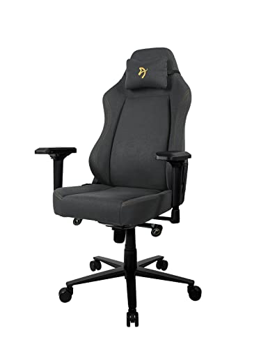 Arozzi Primo Premium Woven Fabric Gaming Chair Office Chair with High Backrest Recliner Swivel Tilt Rocker 4D Armrests Neck Pillow Built-in Lumbar Adjustment Height - Dark Grey with Gold Accent