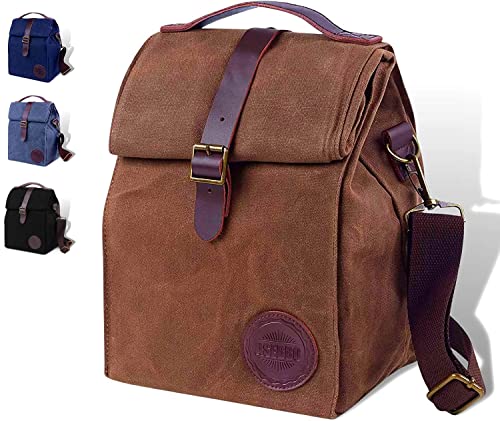 ASEBBO Insulated Lunch Bag 10L Sturdy Waxed Canvas Lunch Box for Men and Women - Leakproof Insulated Cooler Bag for Work Picnic Hiking - Premium Lunchbox for Adults with Shoulder Strap (Brown)